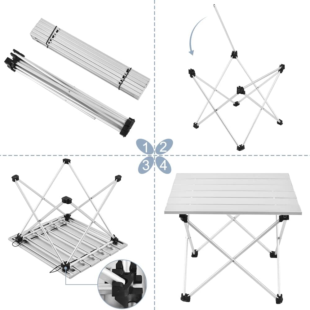 Tesouro Portable Camping Table,Folding Side Table Aluminum Top for Outdoor Cooking, Hiking, Travel, Picnic (Sliver-Large)