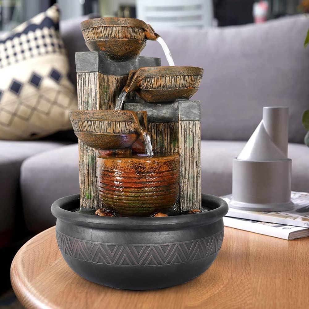 15.7''H 4-Tier Relaxation Indoor Tabletop Waterfall Fountain with LED Lights Desktop Fountains Calming Sound for Home Office Bedroom Decor (Brown, 15.7inch)