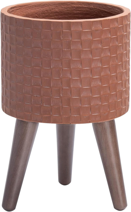 D'vine Dev 8 Inch Modern Geometric Tile Patterned Sleek Planter Pot with Stand, Indoor Outdoor Decorative Plant Holder, Terra Cotta, 88-Z-A-3