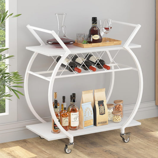 LVB White Bar Cart, Modern Rolling Serving Wine Cart with Storage, Industrial Wood Metal Kitchen Island Beverage Cart with Wheels, Microwave Drink Liquor Cart Table for Home Dining Living, White Oak