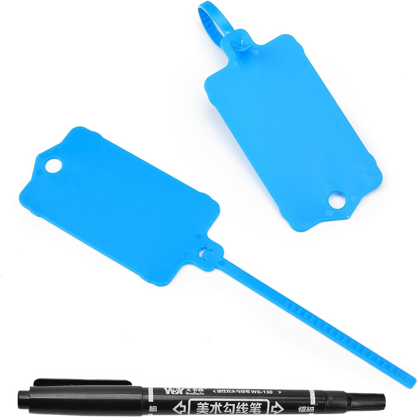 100pcs Blank Plastic Tags for Labeling Reusable Hanging Tags Ties Key Tag Storage Labels Waterproof Plastic Mark Label Writable Hang Sign with One Marker Pen (Blue)