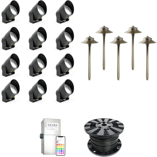 Haven Lighting 9 Series Pro Landscape Lighting Kit - Professional-Grade App Controlled Smart Lights with WiFi - Color Changing Exterior House Lighting, 12-Up/5-Path LED Lights