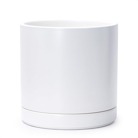 D'vine Dev 10 Inch Ceramic Planter Pot with Drainage Hole and Saucer, Indoor Cylinder Round Planter Pot, White, 94-O-E-1