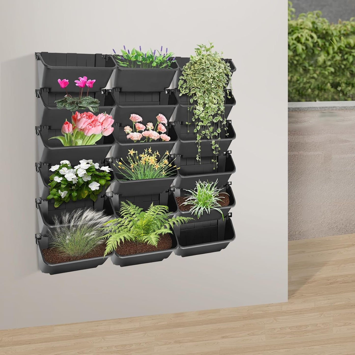 Eapmic Vertical Wall Planter with 18 Pots, Hanging Garden Plant Flowerpot Holder, Stackable Wall-Mounted Planter, Balcony Planters for Flowers Vegetables Fruits (Black, 18 Pots)