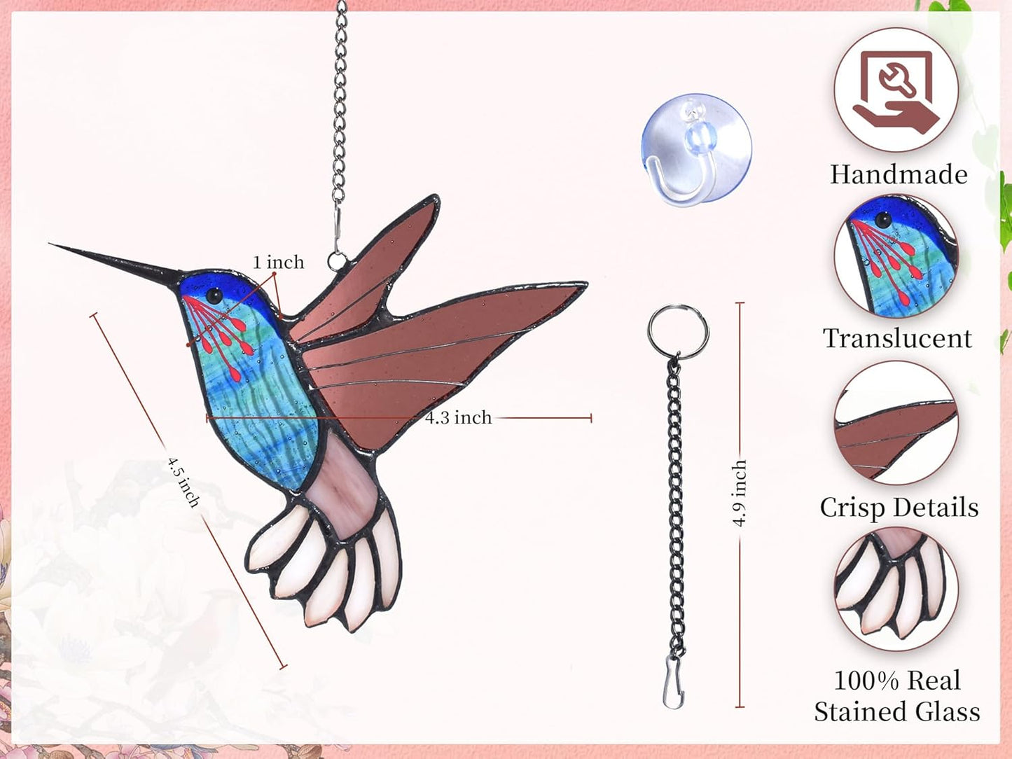 Lolitarcrafts Stained Glass Hummingbird Window Hangings with Flowers, Bird Stained Glass Suncatcher for Window Decor Hummingbird Gifts for Mom,Bird Lovers (Blue B)