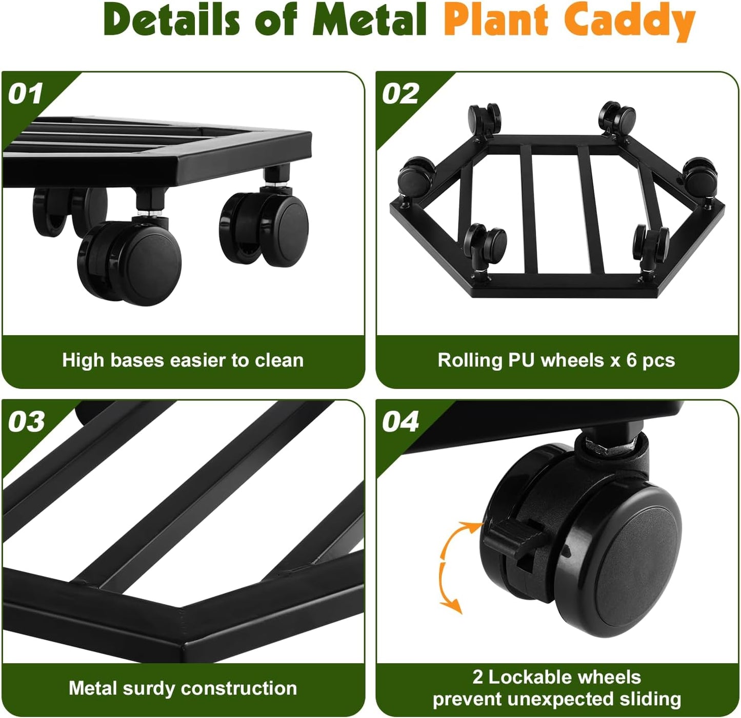 2 Packs 13 inches Large Metal Plant Caddy with Wheels Rolling Plant Stands Heavy-duty Wrought Iron Plant Roller Movers Indoor Outdoor Wheeled Plant Dolly with Casters Tray Coaster, Hexagon black