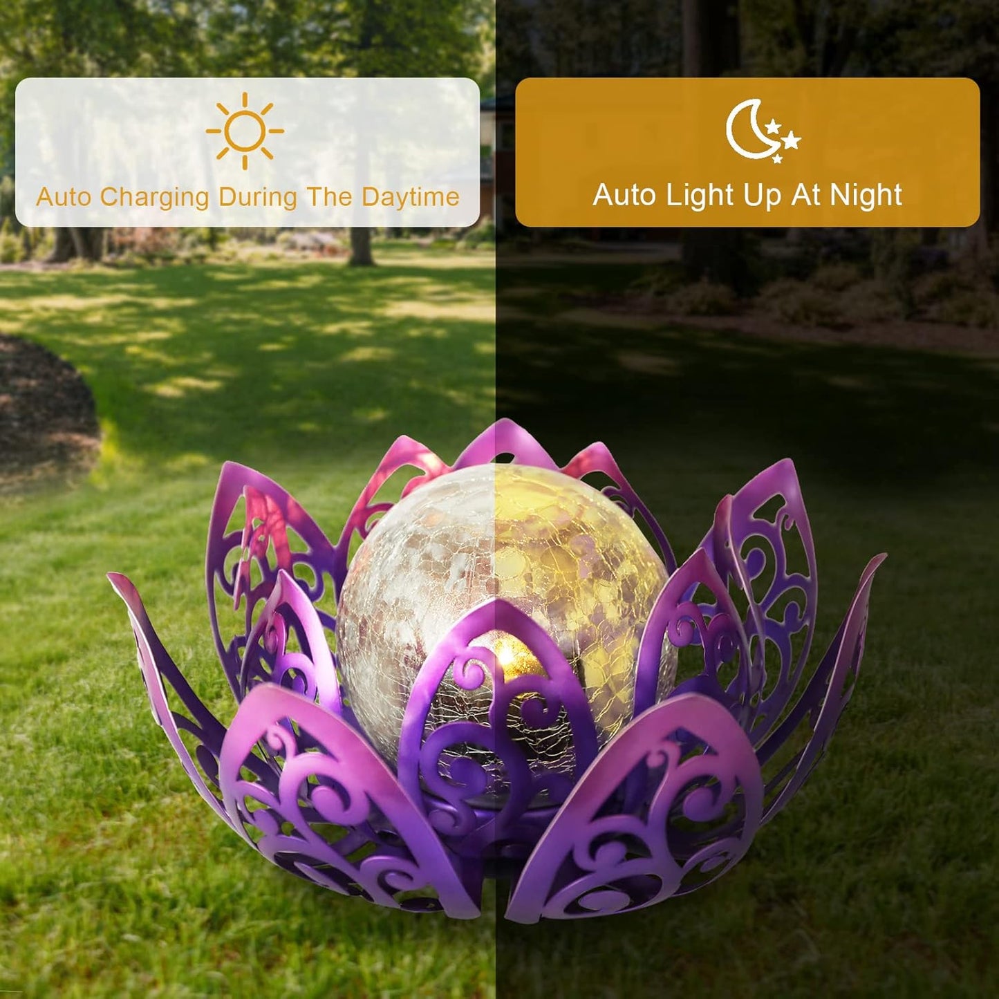 Bshine Solar Outdoor Garden Lotus Decorative Light, Waterproof Metal Cracked Glass Globe LED Lotus Light for Tabletop Decor, Walkway, Lawn Ornaments and Garden, Housewarming Gift (Purple)