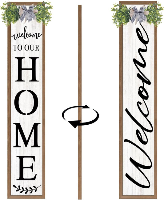 Double-sided Welcome to Our Home Wooden Sign Stand with Magnetic-adhesive Wreath for Front Door, 47" Vertical Farmhouse Welcome Porch Sign for Outdoor Patio Garden, 2in1 Large Tall Porch Leaner Decor