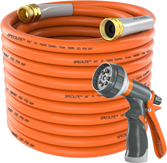 Garden Water Hose 100 ft x 5/8 in Heavy Duty, Flexible and Lightweight, Burst 600 psi, Kink-less Hybrid Rubber Pipe for Backyard, 3/4'' Brass Fittings, Orange