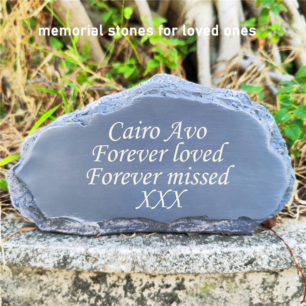 Personalized Garden Memorial Stones Engraved Rocks with Any Message, Decorative Grave Memorial Plaques Rocks for Loved Ones Outside Cemetery Decoration, Resin, 8" x 4.5" x 2.5"