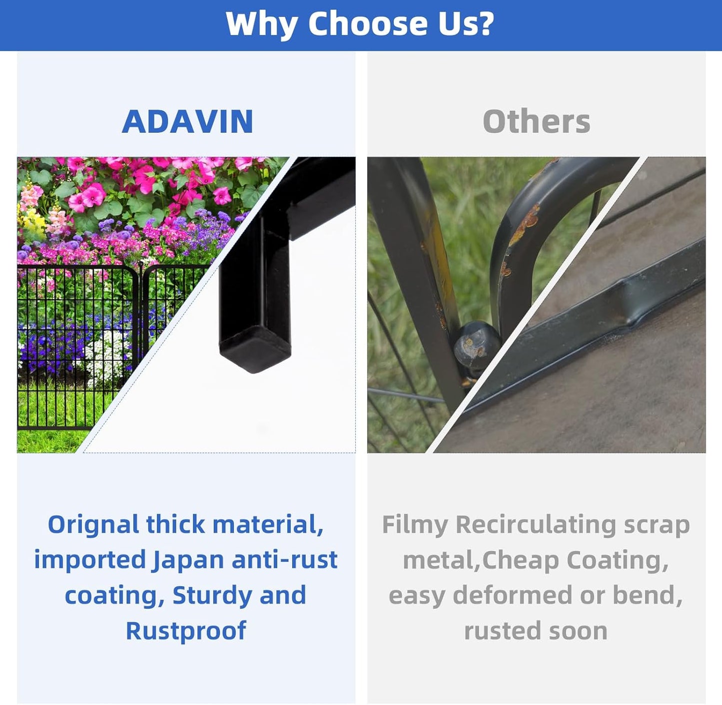 ADAVIN 48 in(H) Garden Fence Panels, 8 Panels Total 17.7 Ft(L), Heavy Duty Iron Metal Animal Barrier Fence, Fencing for Flowers Beds, Camping Fence, No Dig Garden Border Fencing for Yard（No Gate）