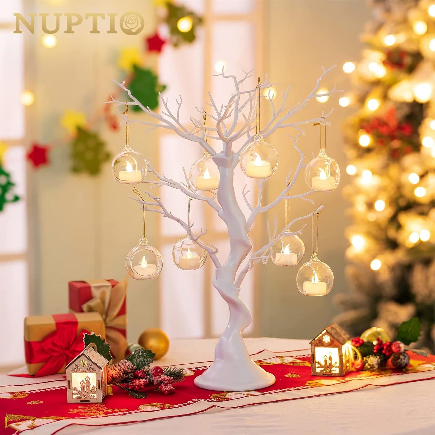 NUPTIO Mini Hanging Glass Tealight Globe Candle Holder with LED Candle, 2.36 Inches Diameter, Wedding Party Tree Decoration (36 Pcs)