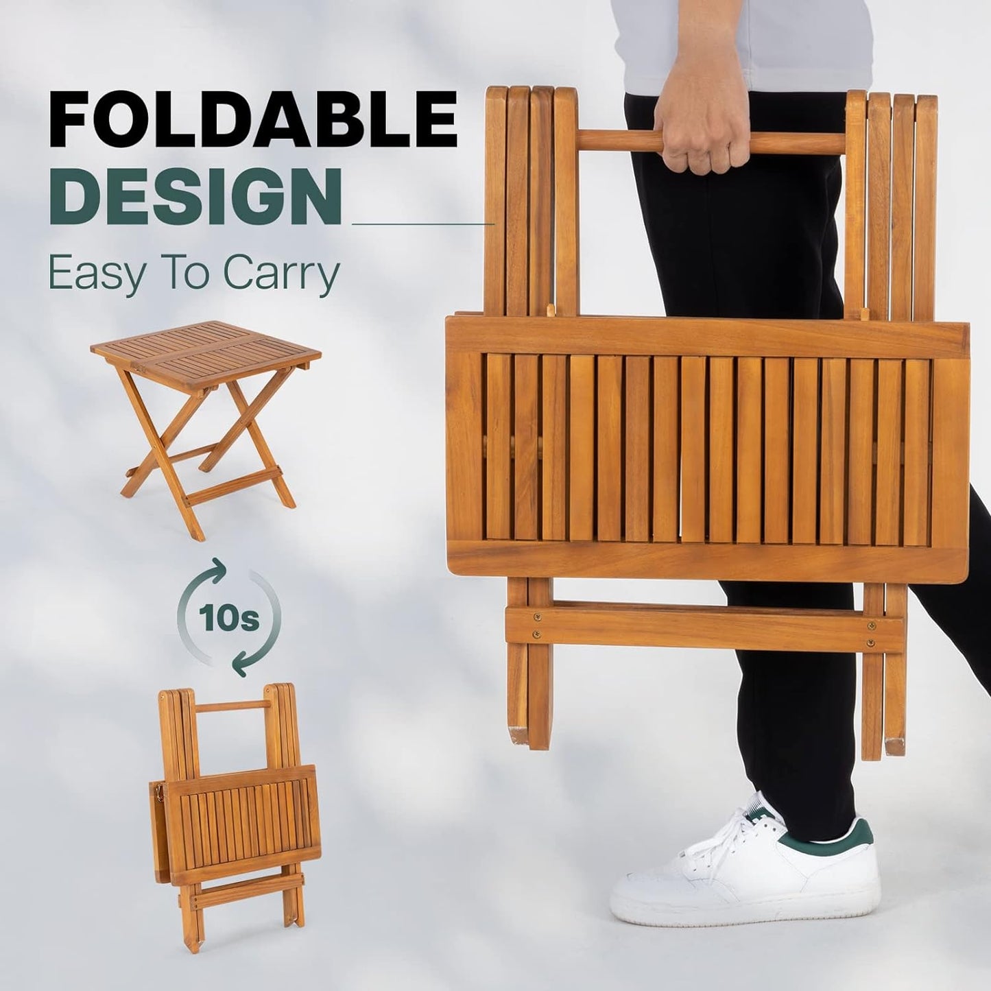 Idzo Mira Acacia Wood Folding Bistro Side Table Outdoor, 19.5 Inch x 19.5 Inch, Heavy Duty 200 Lbs Capacity Loading, Space-Saving for Garden & Balcony, No Assembly