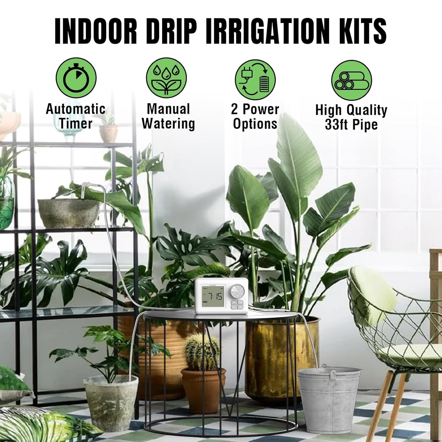Raddy WS-6 Automatic Plant Waterer, Indoor Plant Watering System for 15 Potted Plants, Programmable Water Timer with LCD Display, USB Power, Water Shortage Alarm for Balcony Greenhouse