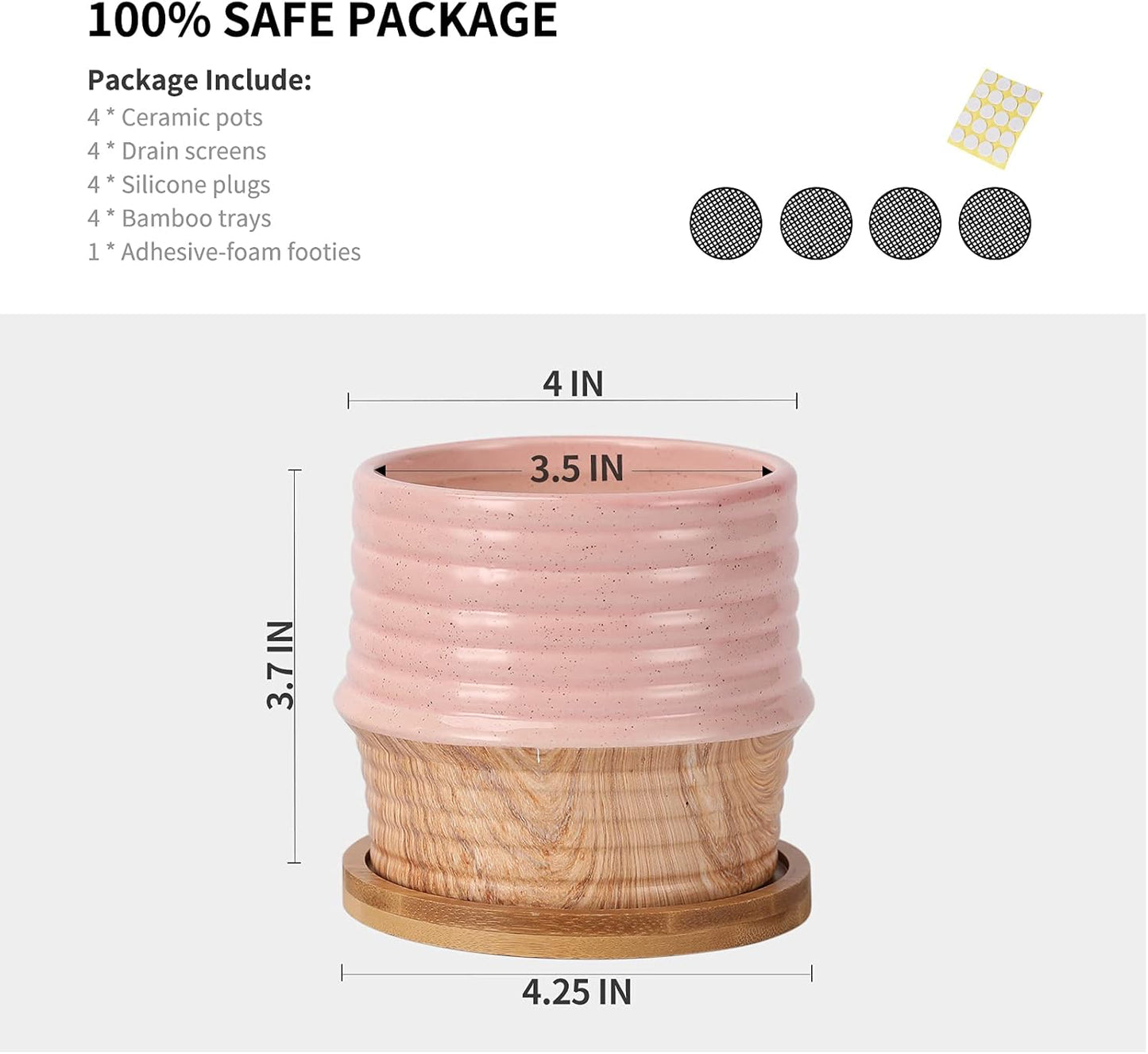 OMAYKEY 4 Inch Ceramic Plant Pot with Saucer, Water Transfer Printing Grain Planters Pots with Drainage Hole & Mesh Pads for Succulent, Indoor Flowers, Snake Plants, Cactus, Herbs, Set of 4