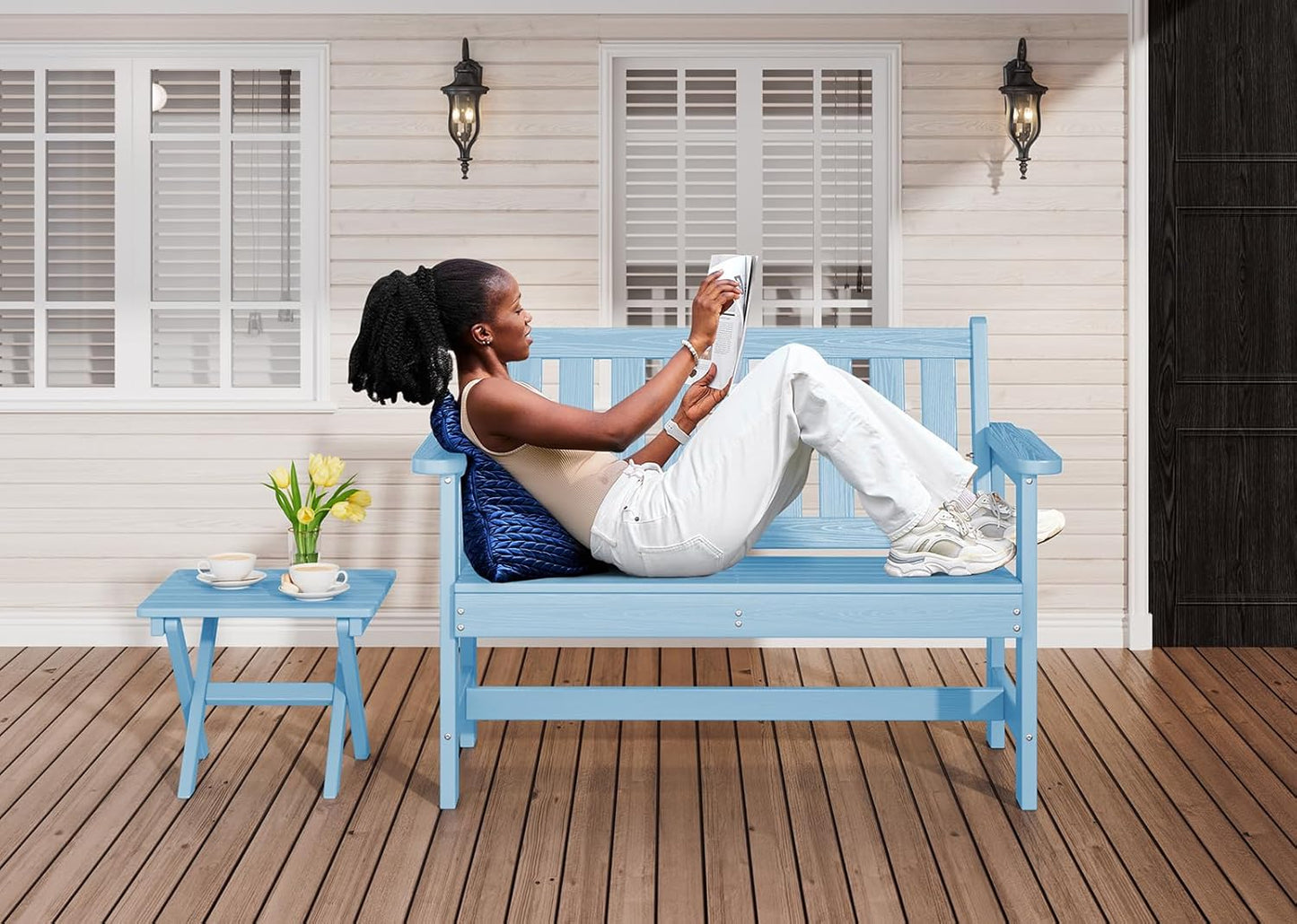 SERWALL Outdoor Bench, HDPE Outdoor Benches Weatherproof, 2-Person Garden Bench with 660 lbs Weight Capacity, Patio Benches for Outdoors, Garden, Porch, Backyard and Park, Light Blue, 6 Pack