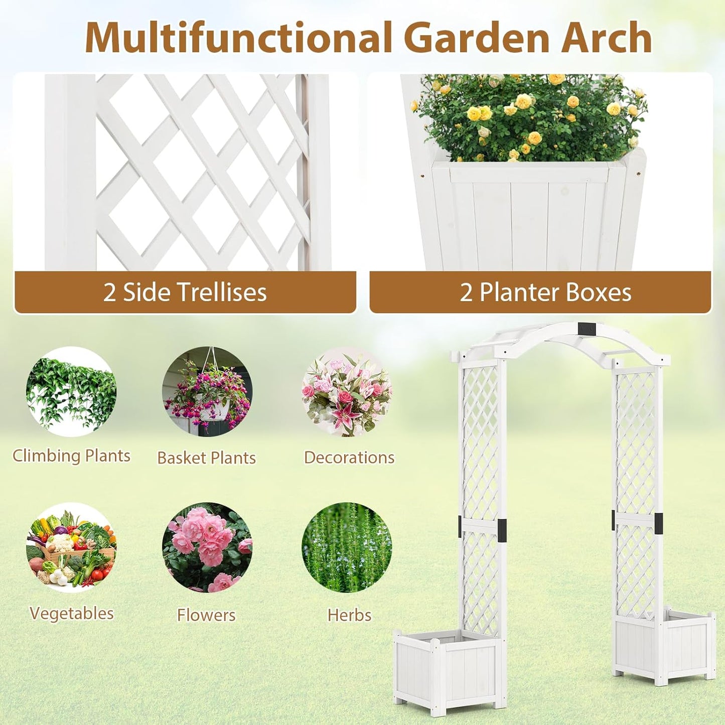 Giantex Garden Arbor with Planter Boxes, Wooden Arch with Trellis and Raised Garden Bed for Climbing Vine Plants Vegetables Herbs, Decorative Arbor Archway for Wedding, Ceremony, Party (White)
