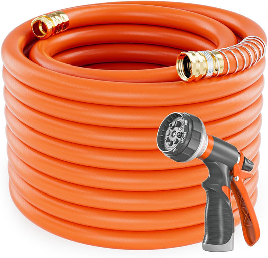 Garden Water Hose 100 ft x 3/4 in Heavy Duty, Flexible and Lightweight, Burst 600 psi, Kink-less Hybrid Rubber Pipe for Backyard, 3/4'' Brass Fittings, Orange