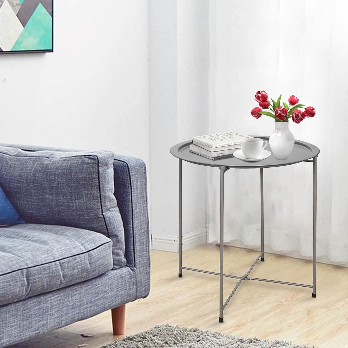 Garden 4 you End Table Metal Side Table Grey Round Folding Tray Cyan Sofa Small Accent Fold-able Table, Round End Table Tray, Next to Sofa Table, Snack Table for Living Room and Bed Room