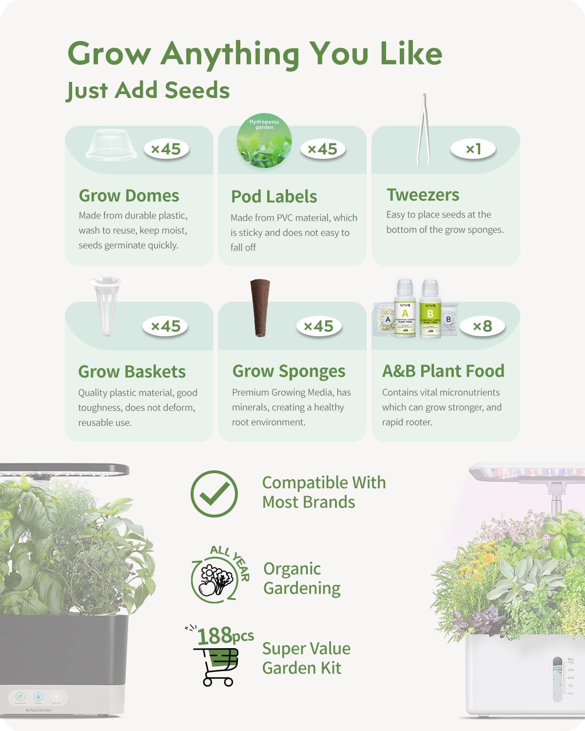 188Pcs Hydroponic Pods Supplies: Grow Anything Kit with 45 Grow Sponges, 45 Grow Baskets, 45 Grow Domes, 45 Pod Labels, 8 A&B Plant Food - Compatible Hydroponics Growing System Most Brands
