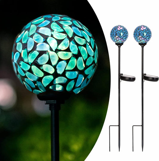 Afirst Solar Outdoor Lights Decorative Mosaic - Solar Garden Stakes Mosaic Gazing Ball Waterproof Outdoor Lights Stakes for Pathway Yard Lawn Decoration Navy Blue 2 Packs