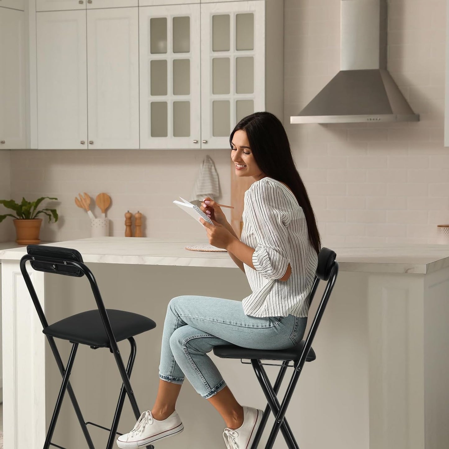 Thyle 1 Pcs Folding Bar Stool with Backrest, Tall Foldable Stool Chair Portable High Folding Bar Chair Counter Height Seat Leather Padded for Kitchen Island Shop Cafe Dining Room Black (27.5 Inch)