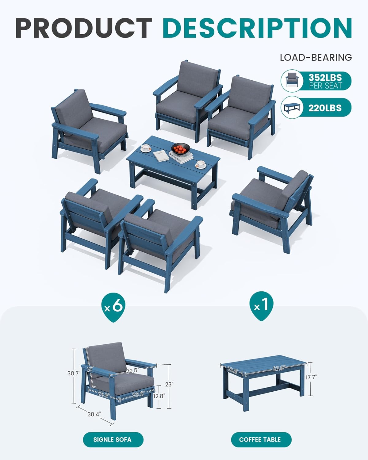SERWALL HDPE Outdoor Furniture Set, 7 Piece All Weather Wood-Like Outdoor Sofa Sectional Couch, Blue Patio Furniture Set with Grey Cushions