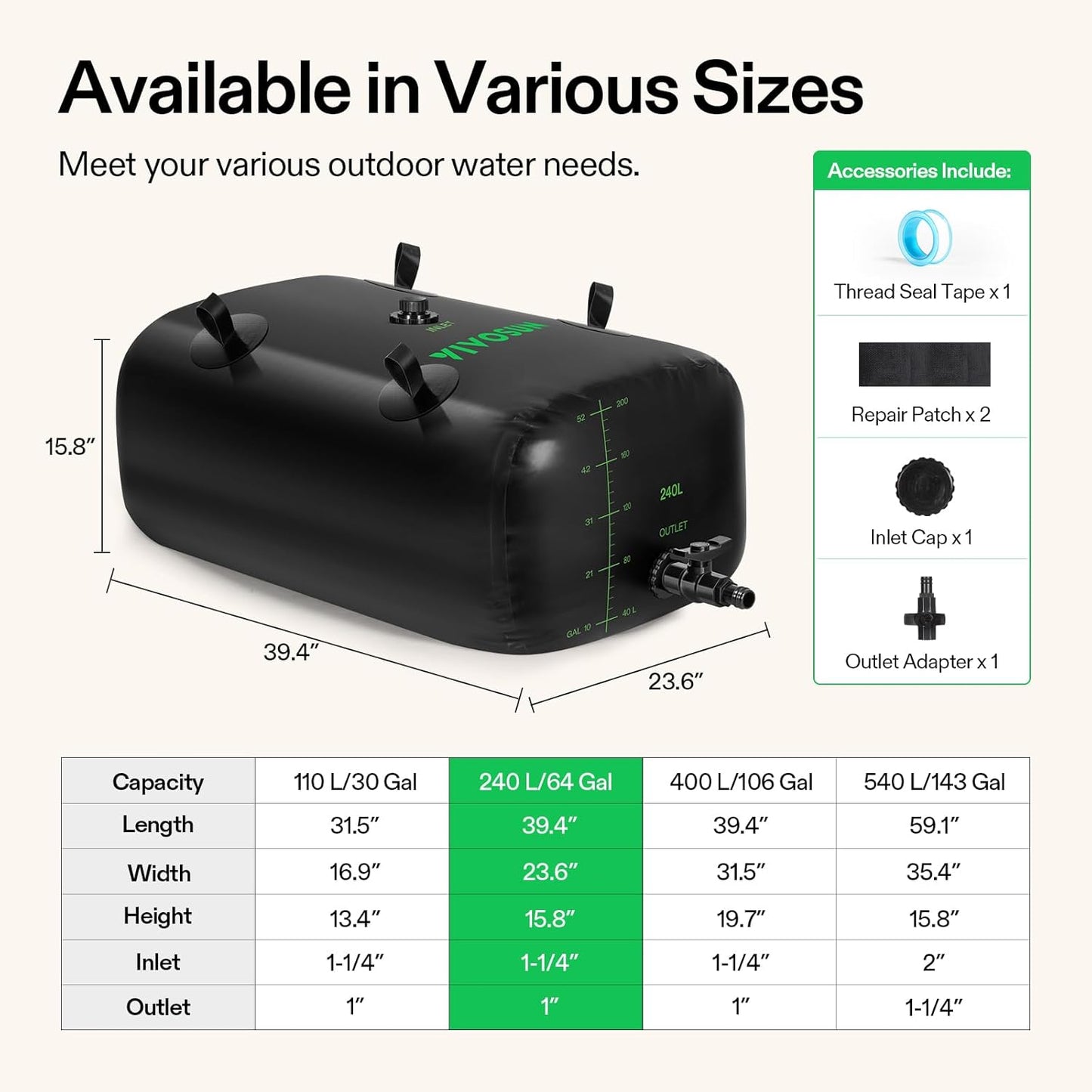 VIVOSUN 240 L/64 Gal Water Bladder, Foldable and Portable Water Storage Bag for RV, Camping, Garden Watering, Agricultural Irrigation, Drought Resistance, Firefighting