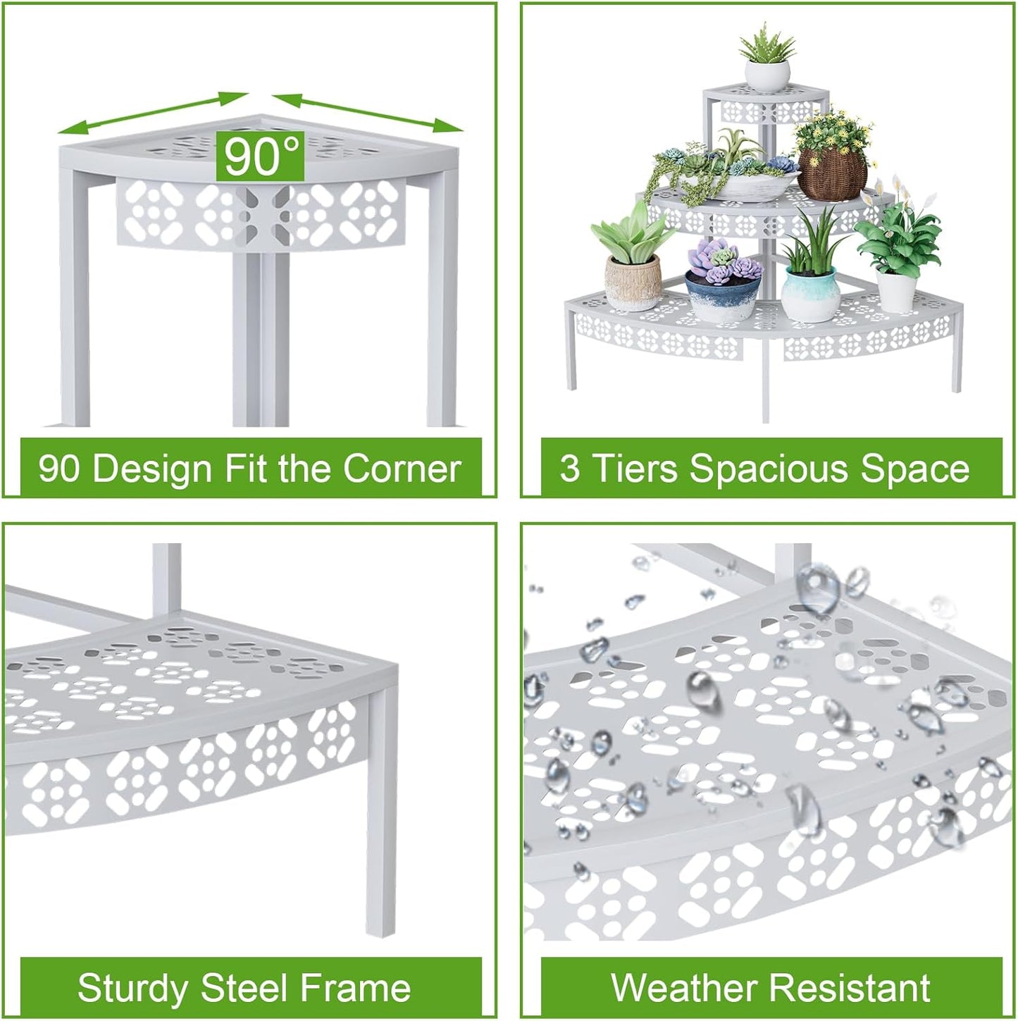 3 Tier Plant Stand Semi-Circular Flower Pot Organizer Rack Quarter Round Plant Display Holder Outdoor Storage Shelves Metal Corner Shelf Planter Shelving Ladder Plant Stand for Indoor Use(White)