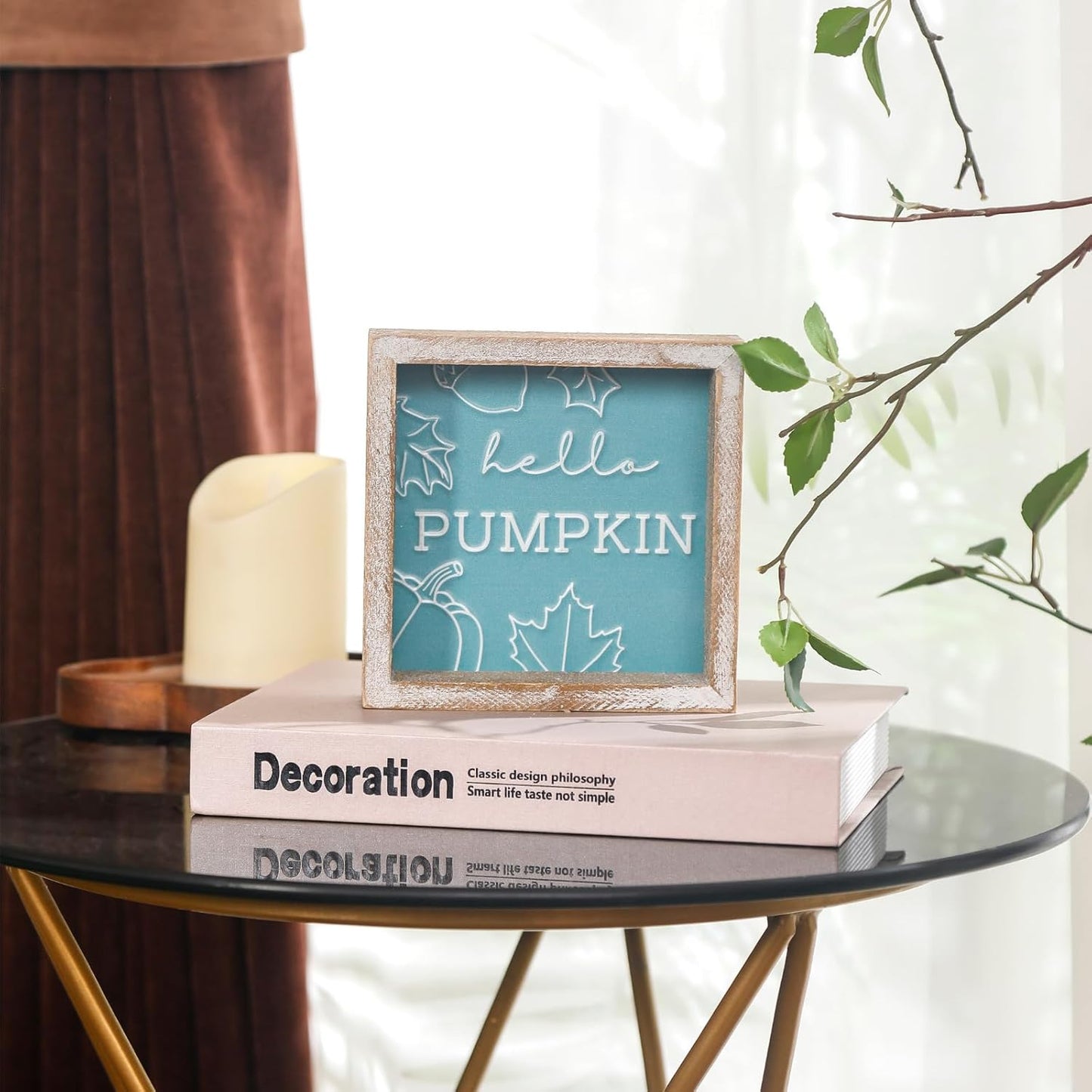 Embossed Hello Pumpkin Sign, Rustic Fall Decorations for Home, Thanksgiving Centerpieces for Table Cubicle Desk Mantel Fireplace, Autumn Tiered Tray Decor