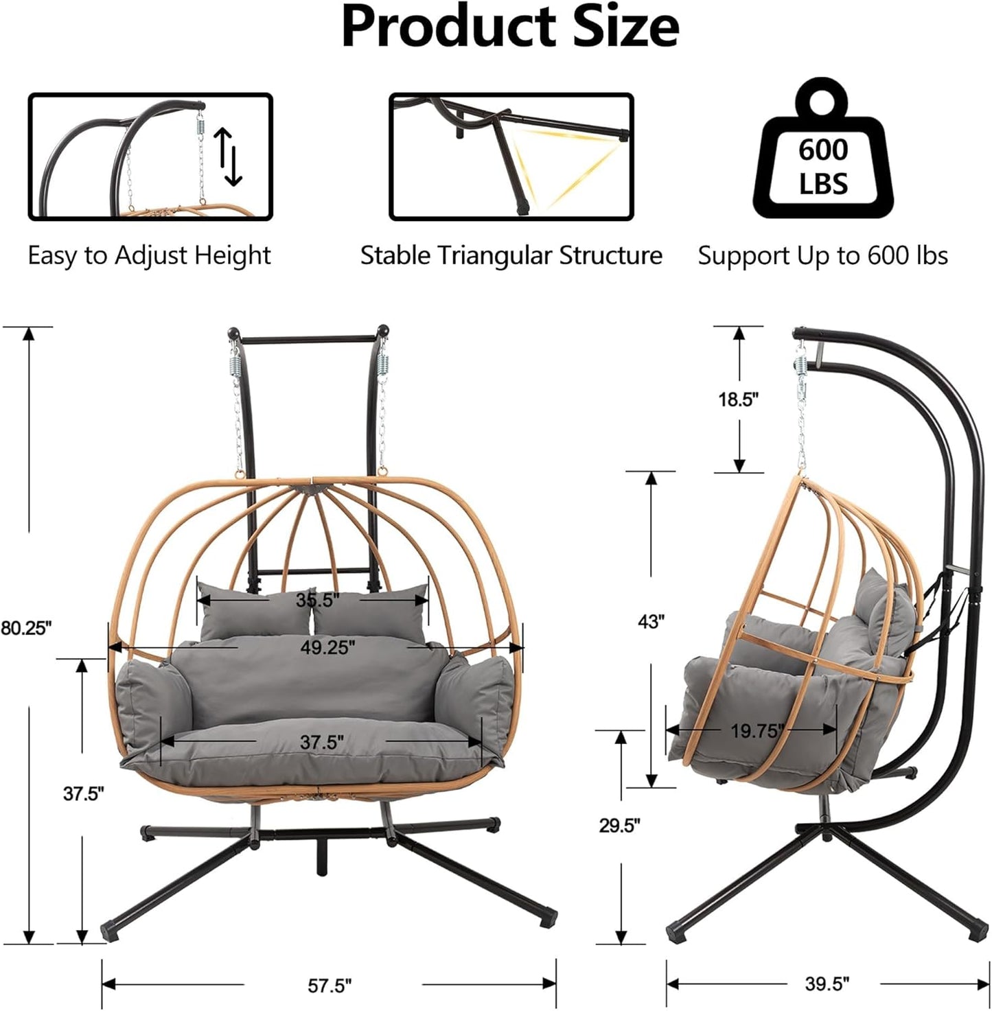 Double Egg Swing Chair Outdoor, 2 Person Egg Chair Outdoor with Cushions, Imitation Rattan Hanging Egg Chairs Basket, Hanging Chairs with Stand, Metal Nest Swing Egg Chair for Balcony, Grey
