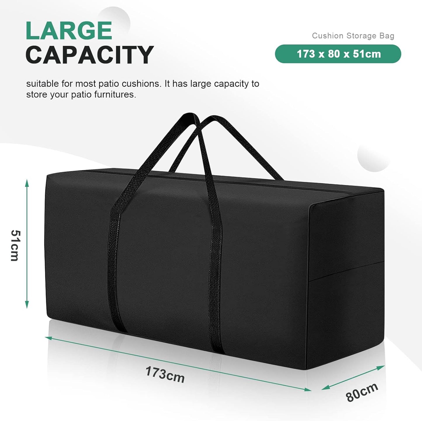 177 Gallon Outdoor Cushion Storage Bag 68 inch Extra Large Patio Furniture Cushion Storage Bag Waterproof Garden Cushion Storage Covers with Zipper and Handles Black (2 Pack, 68"L x 30"W x 20"H)