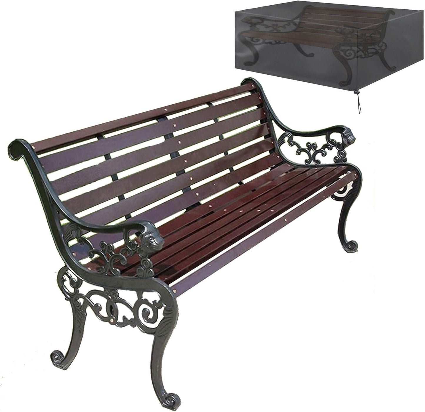 Outdoor Park Garden Bench with Cover, 2-3 Person Wood Patio Bench with Backrest+Armrests Weatherproof, Patio Porch Furniture Cast Iron Frame Bench for Lawn Porch Backyard(Brown+Black)
