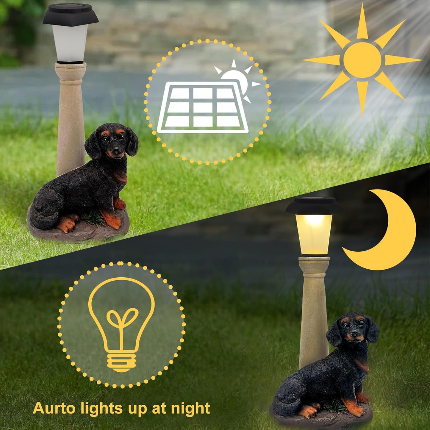 BAYN Solar Dog Garden Statues with Lantern, Resin Dachshund Sculpture with Warm White Light for Outside Lawn Porch Patio