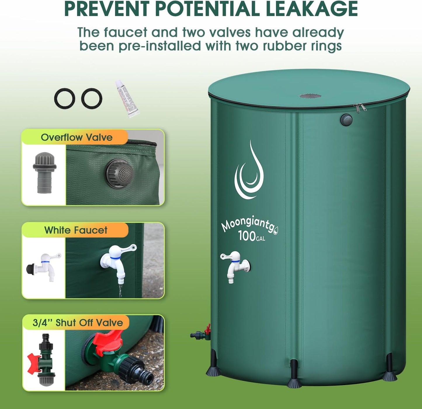 Moongiantgo 100 Gallon Collapsible Rain Barrel with Scale Line - 1000D PVC Portable Water Storage Tank - Rainwater Collection System with Filter Spigot Overflow Kit to Collect Rainwater from Gutter