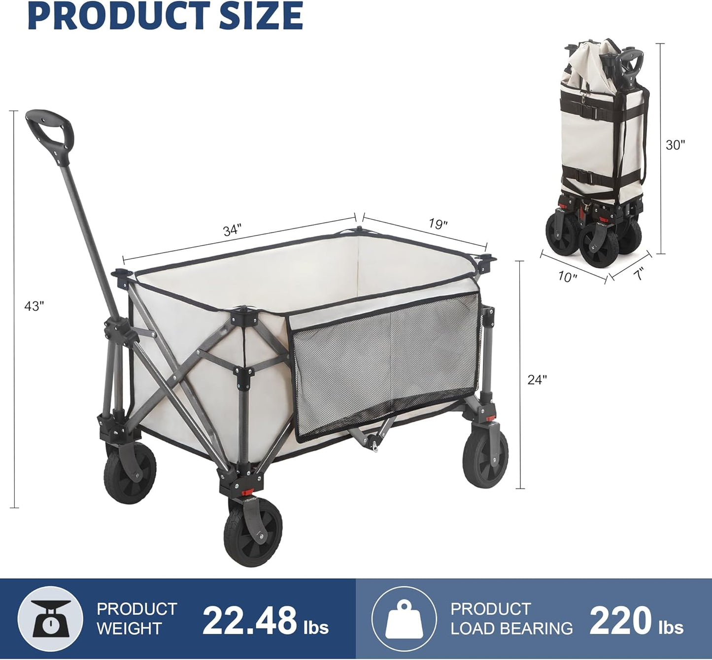 Collapsible Folding Wagon Cart, 220LBS Heavy Duty Foldable Utility Garden Cart with All Terrain Wheels & Side Storage Bag, Portable Sports Wagon for Camping, Shopping, Garden