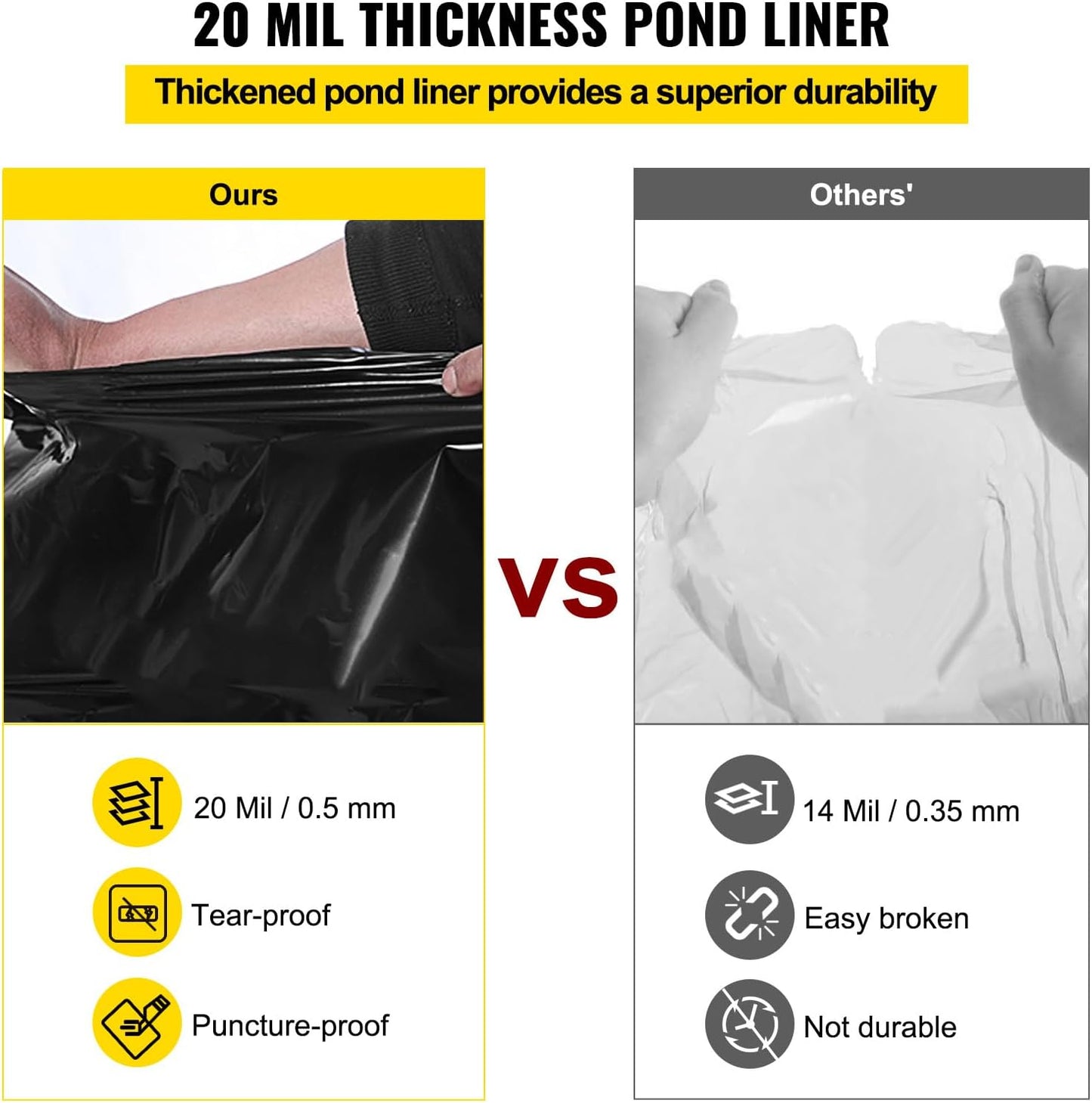 VEVOR LLDPE Pond Liner 20x25 ft, Pond Liner 20 Mil, Fish Pond Liners for Waterfall, Pond and Fish Ponds