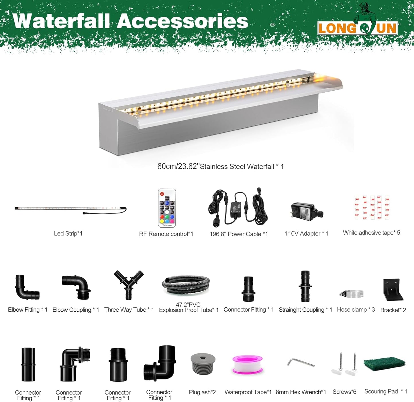 LONGRUN Waterfall Pool Fountain, Updated 5.9'' Wider Open Lip Stainless Steel Waterfall Spillway, Decorative Water Feature for Swimming Pools, Koi Ponds, Spa & Garden - 23.6''