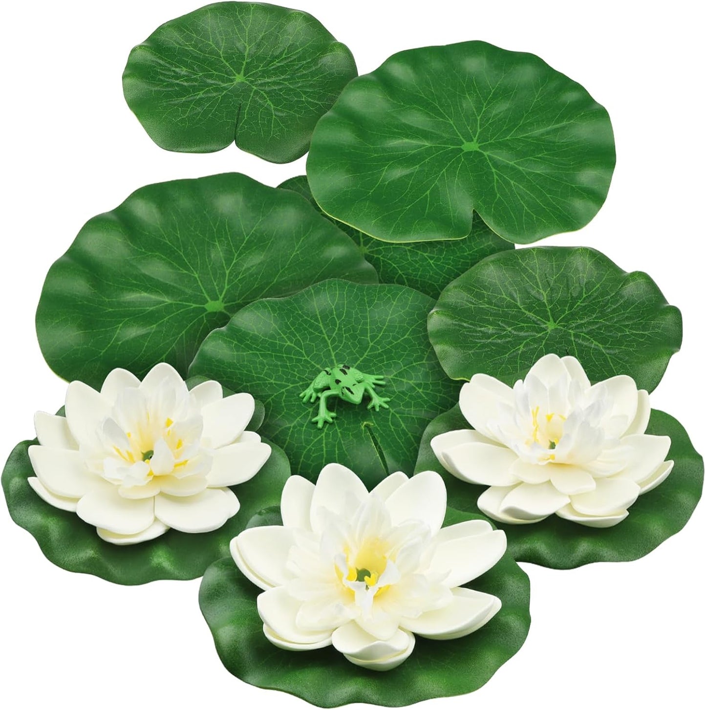 10pcs Artificial Floating Foam Lotus Flowers with Artificial Frog Lotus Leaves, Lily Pads for Lake, Pond Plants Ornaments for Pool Aquarium Water Decoration, White