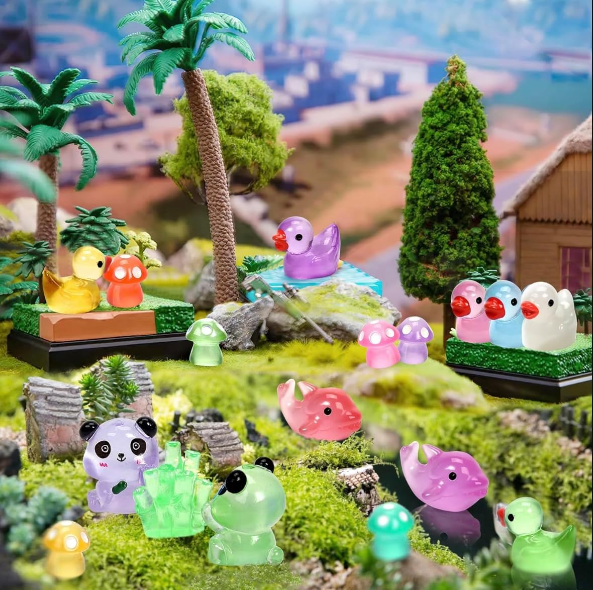 Luminous Mini Resin Animals - 138 Pcs Tiny Animals Mini Ducks Tortoise Rabbit Panda Mushroom Fruits Seashells Set Figurines Glow in The Dark Garden Miniatures Fairy Garden Accessories (138)