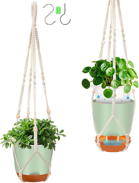 2-Pack Self-Watering Hanging Planters for Indoor & Outdoor Plants,34-Inch macrame hanger plant pots indoor with drainage,5.7-Inch Small Hanging Planters & Baskets in Green,With two sets of hooks