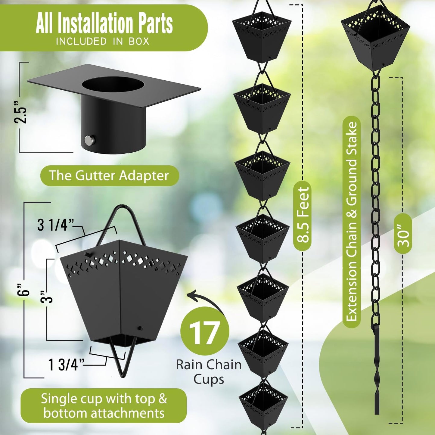 Rain Chain Kit w/Adapter & Extension | Black Powder Coated Rain Chains for Gutters 10 ft | Rain Chain | Gutter Chain Downspout | Rain Chains for Outside | Rain Catcher | Rain Chimes