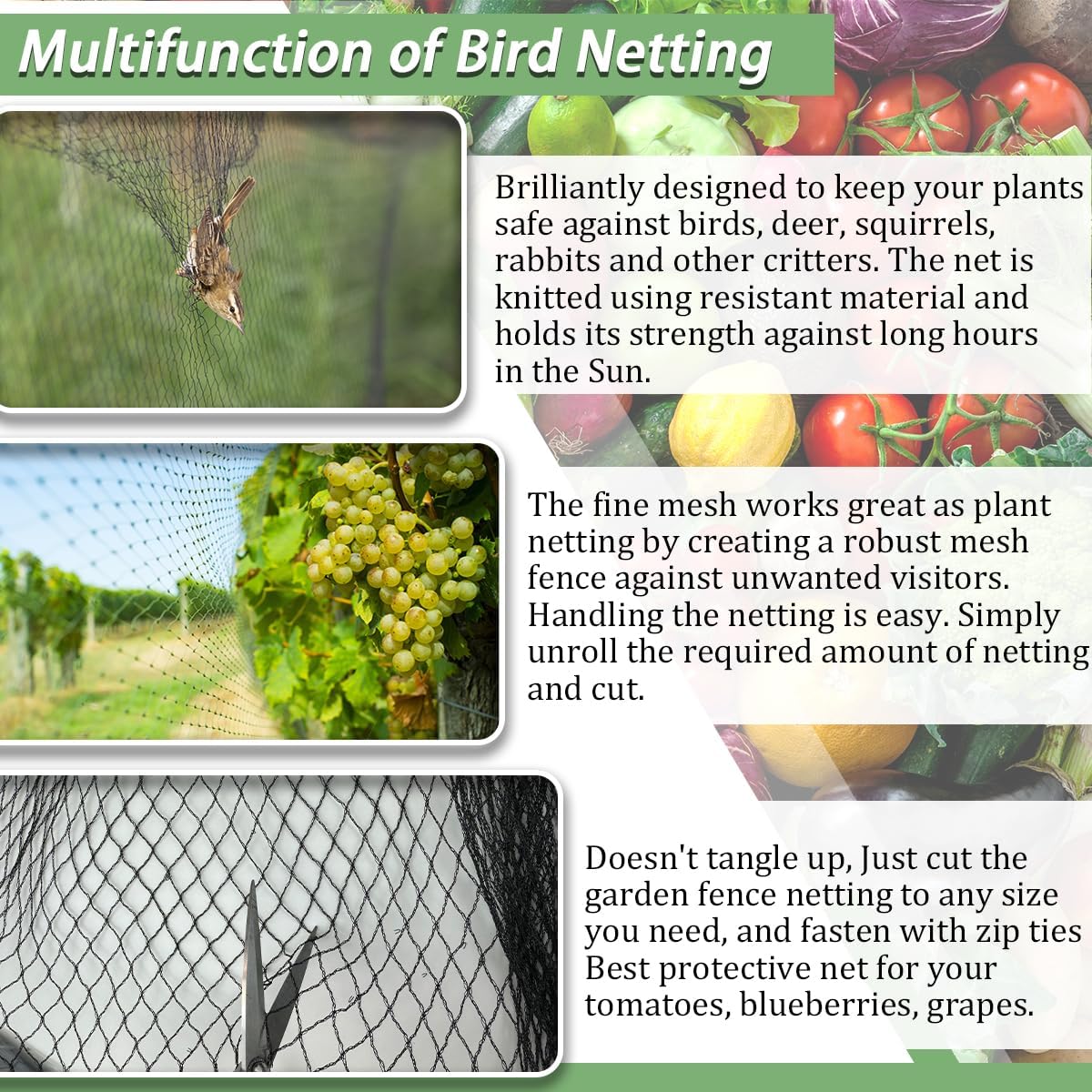Bird Netting，10 x 30 FT Garden Netting Bird Net for Chicken Coop, Poultry Netting Fence for Fruit Trees, Plants and Vegetables Against Birds, Deer, Squirrels and Other Animals