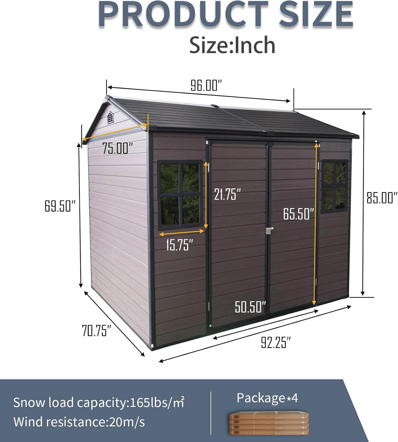 8x6 ft Outdoor Resin Storage Shed with Floor, Waterproof Plastic Garden Shed with Lockable Door and Two Windows, All-Weather Tool Sheds for Backyard, Patio, Lawn (Brown)