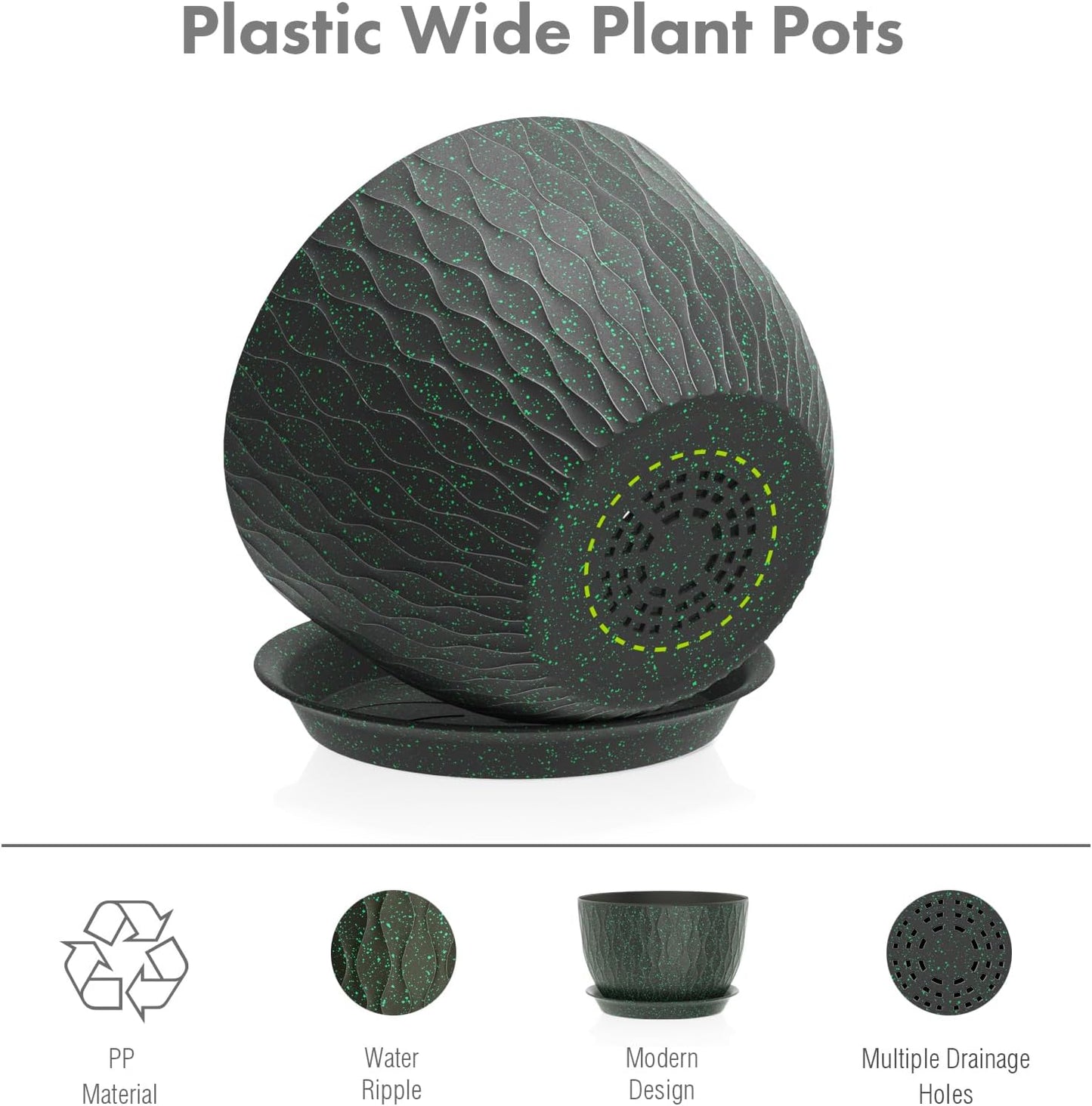 12/10/9 inch Large Plant Pots, 3 Pack Wide Flower Pots for Outdoor Indoor Plants, Water Ripples Plastic Planters with Drainage Holes and Saucers for Garden Hourse, Black with Green Speckles