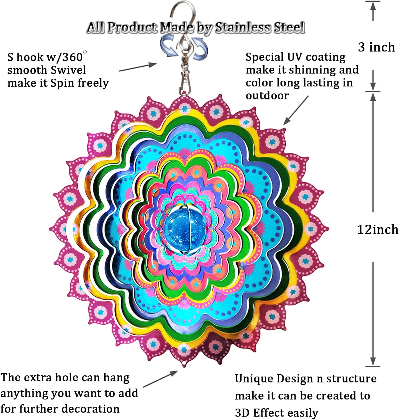 FONMY Mandala Wind Spinner w/Crystal Ball Peacock- 3D Stainless Steel Hanging Spinners Worth Gift Christmas Decoration Indoor/Outdoor Garden Décor Kinetic Yard Art 12 Inches Wind Sculpture