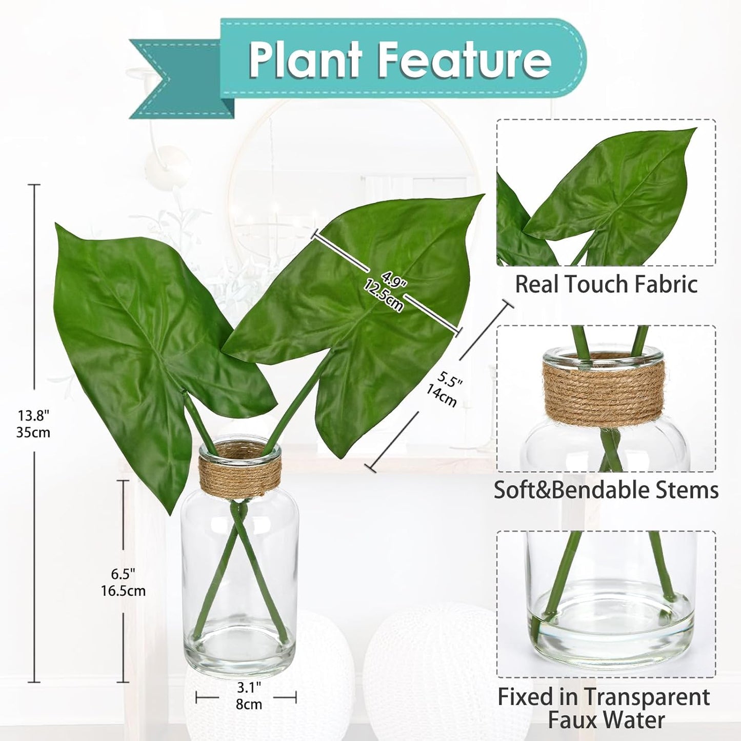 Fake Plants Faux Greenery Stems in Glass Vase with Faux Water, Realistic Silk Faux Plants Artificial Tropical Leaves for Home Bathroom Office Wedding Centerpiece Décor