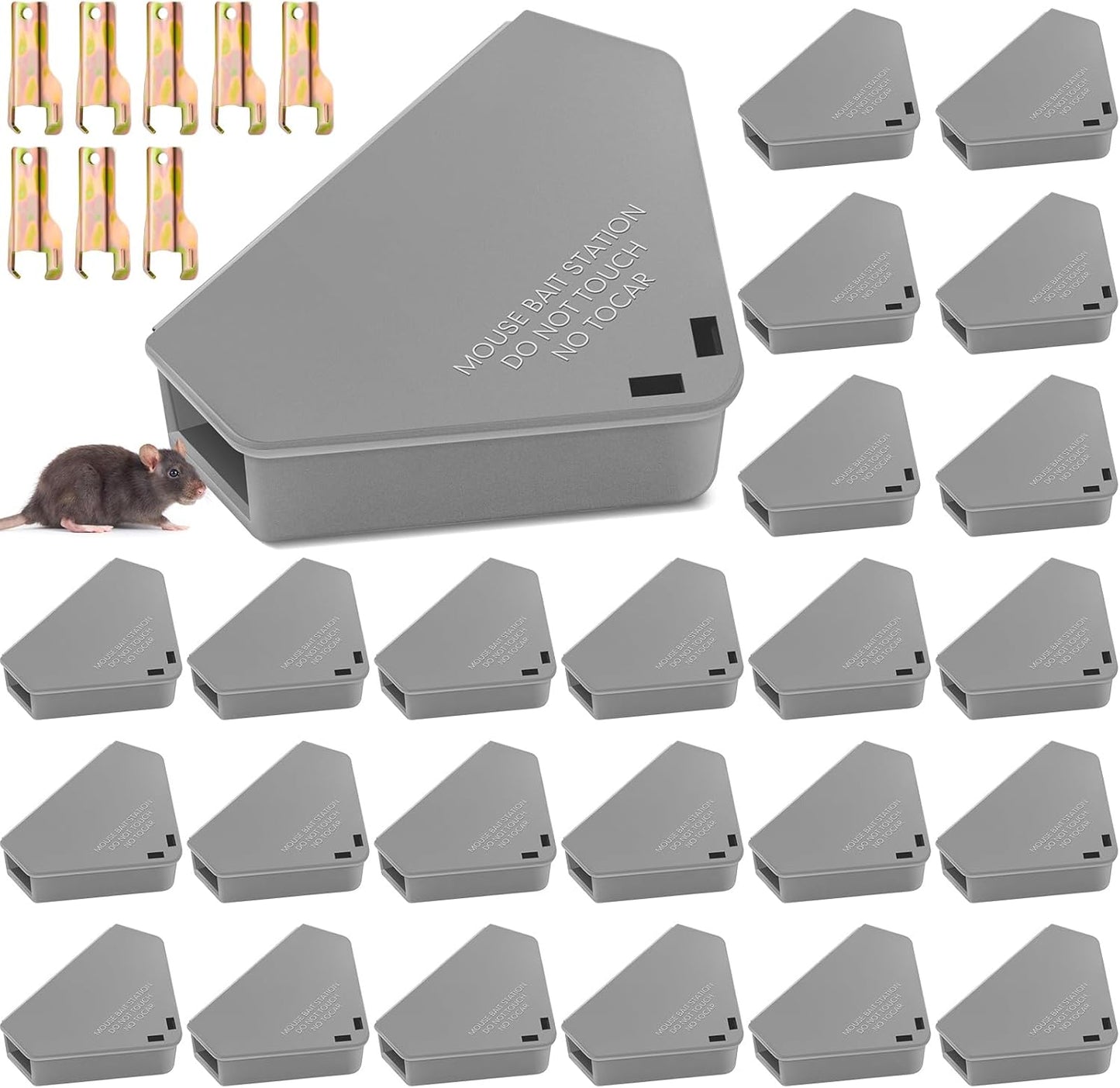 Qualirey 24 Pcs Mice Station with Key Triangle Bait Station Reusable Rodent Trap Bait Box, Keeps Children and Pets Safe Indoor & Outdoor, Bait Not Included, Suitable for Small Mice (Gray)