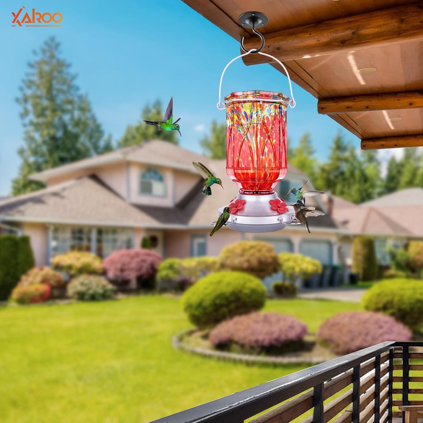 Hummingbird Feeders for Outdoors with Ant Moat, Hand Blown Glass Hummingbird Feeder, 4 Feeding Ports with Perch, Outdoor Garden Décor, 15 OZ, Red, Gifts for Mom Wife Dad Men Women