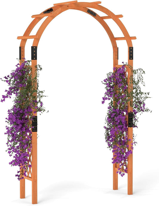 HAPPYGRILL 7.7 FT Wooden Garden Arbor, Outdoor Wood Garden Trellis for Climbing Plants, Wedding Arch Pergola for Ceremonies Parties, Solid Wood Backdrop Stand, Greenhouse Patio Lawn Decoration